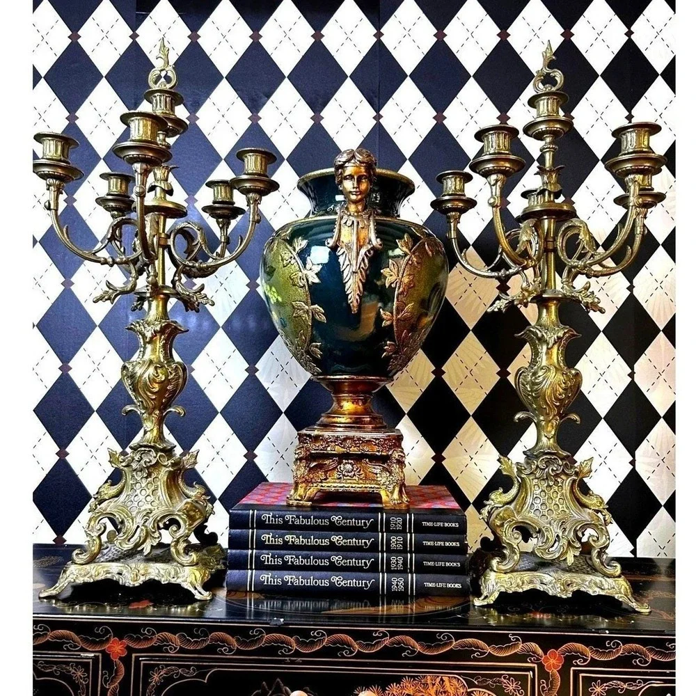 Grand-sized‎ Brass Rococo Candelabra Pair 28in Baroque 6 Arm Candle Holders